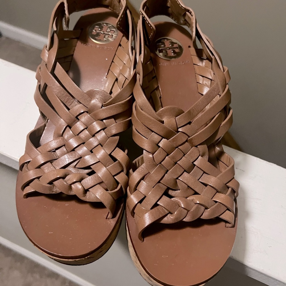 Tory Burch | Killian Woven Leather Cork Wedge Sandals Size 7.5